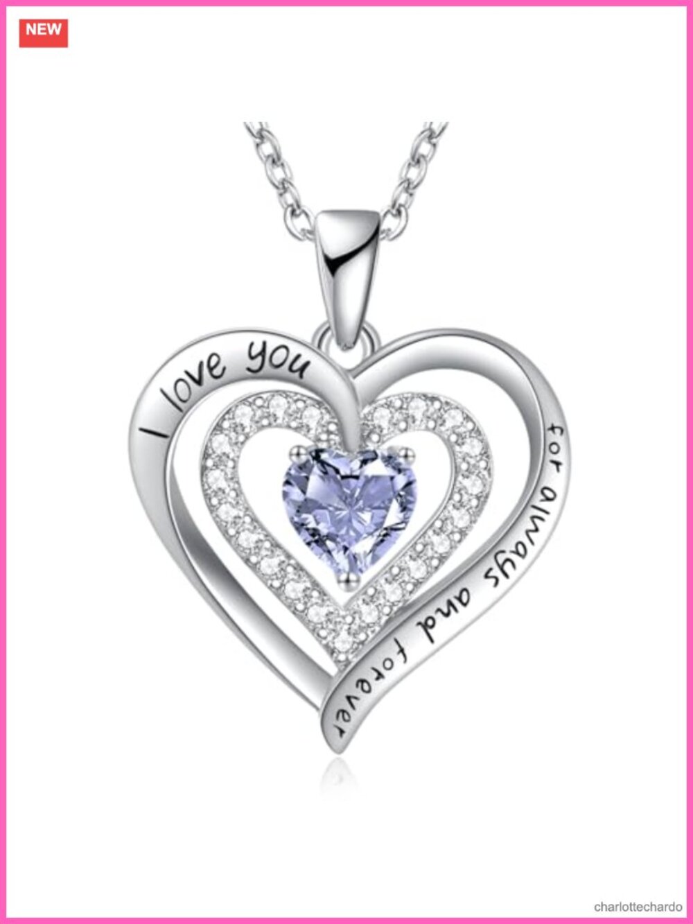 Double Heart Birthstone Necklace 925 Sterling Silver June